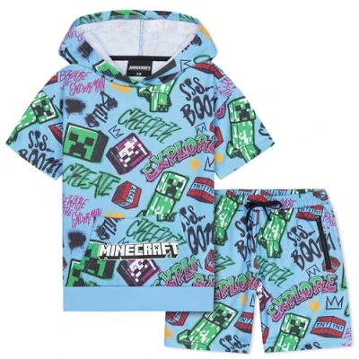 Image de Minecraft Short à Capuche Survêtements Garçon et Ado 2 Pz Set Creeper Manches Courtes Jogging Enfant Poches Zippées Cadeau Garcon (9 10 Ans, Bleu)