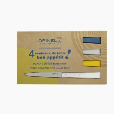 Image de Opinel Boîte de 4 Couteaux Table N125 Bon Appétit Céleste Lame Acier Inox Manche Charme Fabrication Française Blanc, Jaune, Nuage et Bleu Marine