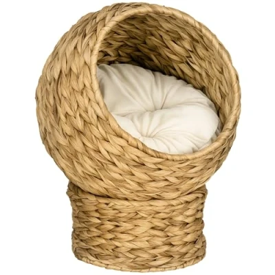 Image de PawHut Panier Chat lit surélevé Cosy Niche Grotte à Grand Confort dim. 42L x 33l 52H cm Coussin Moelleux Beige Inclus