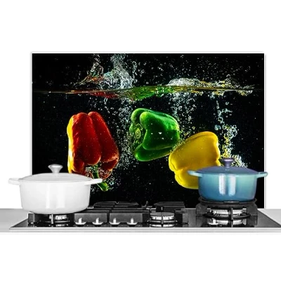 Image de KitchenYeah© Fond de Hotte 90x60 cm Aluminium Crédence Cuisine Décoration Murale Plaque Cuisson Anti Projection Poivre Légumes Eau Noir Rouge Vert Jaune