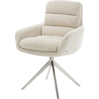 Image de Chaise pivotante Abelia Flex avec accoudoirs côtelé beige pied croisé large acier inoxydable brossé pivotement sur 360 fonction bascule