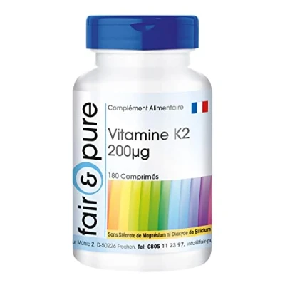Image de Fair &amp; Pure® Vitamine K2 200µg ménaquinone naturelle MK 7 végan dosage élevé tout trans MK7 180 comprimés