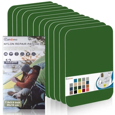 Image de Patch en nylon autocollant, Cahomo 12 Pièces 20X10 cm de réparation imperméable tissu autocollant reparation, pour veste, tentes, doudoune, sac couchage, sacs à dos Vert