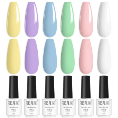 Image de ROSALIND Vernis Semi Permanent, Gel UV permanent Pastel 6 Couleurs Rose Blanc Jaune Bleu Vert Violet Macaron à Ongles Soak Off UV/LED Manucure