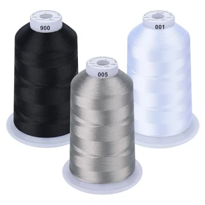 Image de Simthread Lot de 3 bobines fil à Broder polyester 5000 mètres/Bobine, Noir Blanc et Gris pour machine Brother, Babylock, Janome, Singer, Kenmore