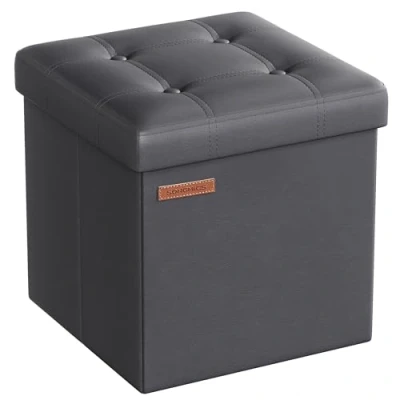Image de SONGMICS Pouf de 38 cm, Banc Rangement Pliable avec Couvercle, Repose Pieds Cube, Surface en PU, Capacité Charge 300 kg, pour Entrée, Salon, Chambre à Coucher, Gris Ardoise LSF030G11