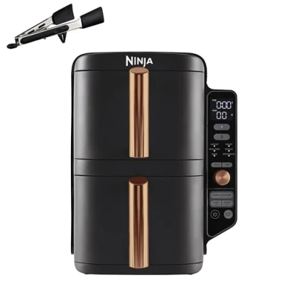 Image de NINJA Double Stack XL Air Fryer, Friteuse sans huile Verticale Tiroir 4 Niveaux de Cuisson, 2 Tiroirs, Grilles, Capacité 9,5 L, 6 Fonctions, 8 Portions, Pinces, Noir/Cuivre SL400EUCP
