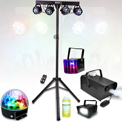 Image de Party Light &amp; Sound Pack Lumière Pied Support 4 Projecteurs Par Strobo Derby Astro Machine à fumée avec produit PA DJ Mobile Soirée Mariage