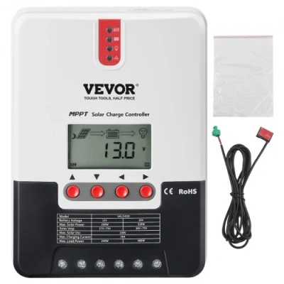 Image de VEVOR MPPT Contrôleur de Charge Solaire 12 V/24 V Auto CC Régulateur Panneau 20 A avec Écran LCD Câble Capteur Température pour Batteries Scellées AGM, au Gel, Inondées, Lithium