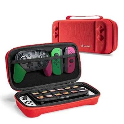 Image de tomtoc Étui de Voyage Rigide pour Nintendo Switch et OLED 2021, Housse Sac Transport Pro Controller, Accessoires, avec Poignée, 24 Cartouches Jeu, Rouge