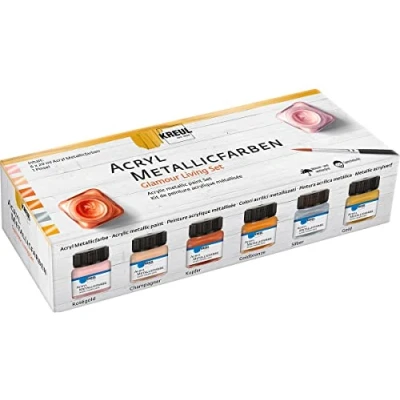 Image de KREUL 77601 Color Living Lot de 6 pots Peinture acrylique métallisée 20 ml avec 1 pinceau crémeuse et couvrante à l&#039;effet métallique glamour Séchage rapide &amp; résistant l&#039;eau