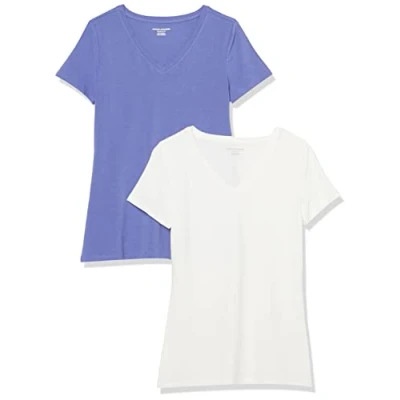 Image de Amazon Essentials T Shirt Col en v à Manches Courtes Coupe Classique Femme, Lot de 2, Bleu Violet/Blanc, XL