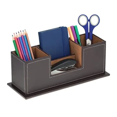 Image de Relaxdays Organiseur de bureau, porte crayon 4 compartiments, similicuir, H x L P: 11x29,5x11cm, rangement, noir