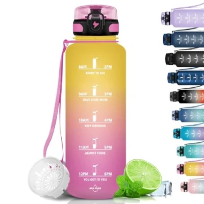 Image de Grsta Gourde, 1.5L Gourde Sport, sans BPA, Bouteille d&#039;eau, Graduée pour 1 Journee, Filtre et Marqueur de Temps, Motivation la randonnée, l&#039;école Jaune Rose