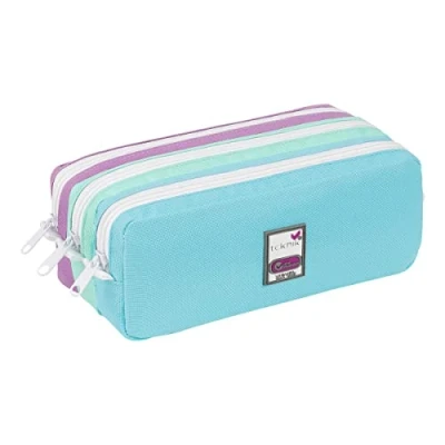 Image de Viquel Trousse Scolaire Teknik Pastel pour Enfants en Polyester 600D Résistant 2 Compartiments, Zips et Cordelettes Patch Décoratif Vert Violet