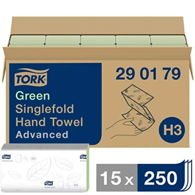 Image de Tork Essuie mains pliés en V Advanced 290179 Papier d&#039;essuyage pour Distributeur H3 Absorbant et indéchirable 2 plis vert 15 x 250 feuilles
