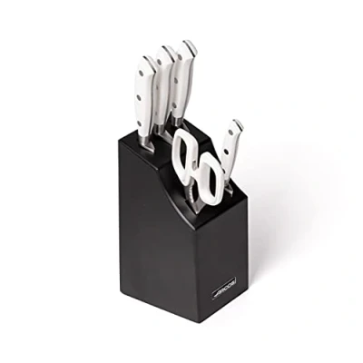 Image de Arcos Séries Riviera Blanc Boite Cadeau Jeu de Couteaux 5 pièces (4 Couteau + 1 Ciseaux) Lame Acier Inoxydable Forgé Nitrum Manche Polyoxyméthylène (Pom) Bois Hêtre Couleur Laqué Noir