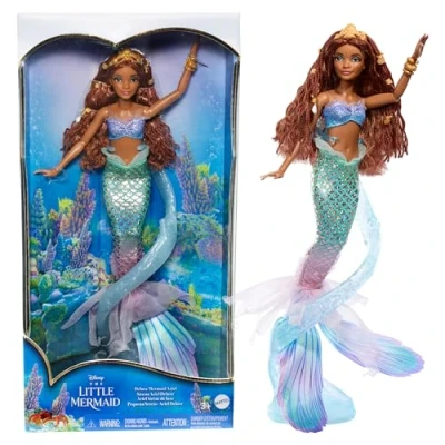 Image de Mattel Disney La Petite Sirène Poupée Ariel Deluxe avec Queue De Iridescente, Perles Cheveux, Couronne Dorée Et Socle, À Collectionner, Jouet Enfant, Dès 2 Ans, HNF42