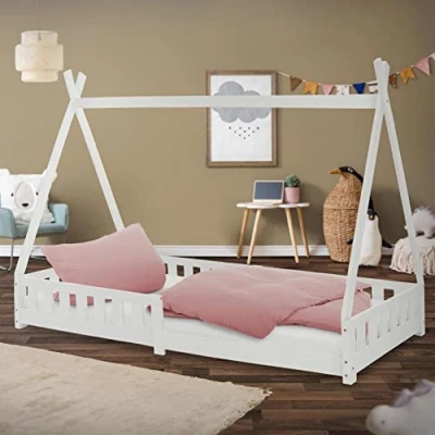 Image de ML Design Lit d&#039;enfants Tipi 90x200 cm Blanc avec Protection Antichutes et Sommier à Lattes, Bois de Pin, Indien pour Filles/Garçons, d&#039;Intérieur Clôture, Maison d&#039;enfant Tente Jeu