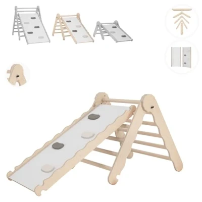 Image de MAMOI® Triangle descalade avec Toboggan Interieur pour Enfant, Mur Escalade intérieur en Bois Bebe à partir de 1/2/3 an, Motricité Libre Montessori