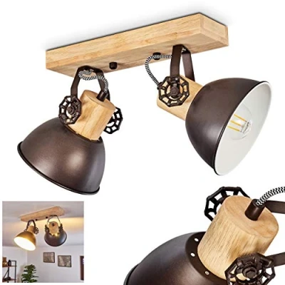 Image de hofstein Plafonnier Orny en bois véritable et métal anthracite blanc, luminaire de plafond à 2 spots orientables pour ampoules E27, ampoule(s) non incluse(s)
