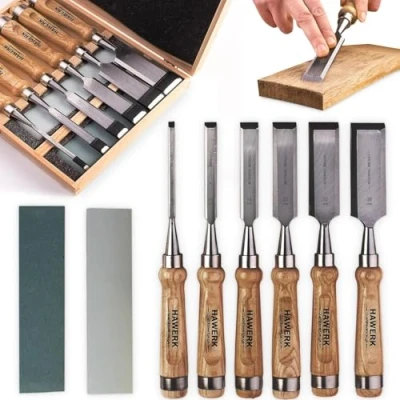 Image de Hawerk Jeu de ciseaux à bois, comprend 6 ciseaux, 2 pierres aiguiser et un coffret, pour débutants professionnels, convient au travail sur du bois