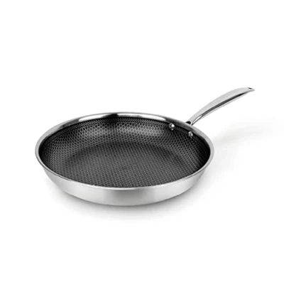 Image de Qulinart by Brandt, Poêle en Acier Inoxydable Triply, Revêtement Nid d&#039;Abeille Anti Adhésif et rayures, Tous Feux dont Induction, Sans PFOA ni Couvercle, Argenté… (28 cm)