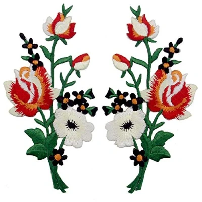 Image de Patch brodé en forme De Bouquet Fleurs Boho, rouge blanc, à coudre ou coller avec fer repasser
