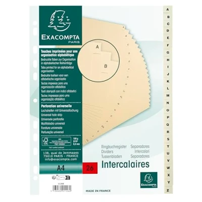 Image de Exacompta Réf. 1126E Carton de 5 Intercalaires en Carte ivoire 155g/m2 FSC® avec 26 onglets imprimés alphabétiques A à Z Format classer A4 Dimensions 22,5 x 29,7 cm couleur