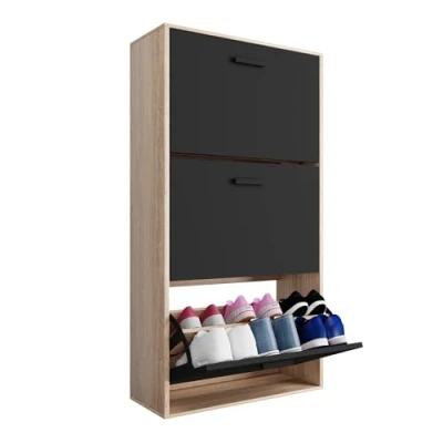 Image de CASABEL Meuble de Rangement à Chaussure 18 Paires Grande Capacité pour Entrée L60xP24xH113 cm Portes Noires Cadre Bois Clair