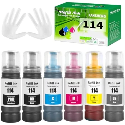 Image de FANSHENG 114 Encre Compatible avec Epson Bouteille d&#039;encre Multipack pour EP ET 8500 8550 (6 Pack PBK/BK/C/M/Y/GY)