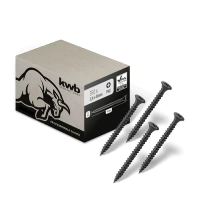 Image de kwb vis à fixation rapide 3,9x45 mm, PH2, 350 pièces, pour cloisons sèches, placoplâtre, noir, phosphaté, filetage fin, cruciforme