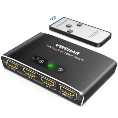 Image de Multiprise HDMI, Aluminum Switch HDMI 3 Entrée vers 1 avec Télécommande Splitter 4K Commutateur Supporte 3D 1080P HDR PS5 PS4 Xbox Blu Ray Lecteur DVD PC TV Box