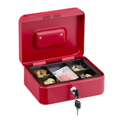Image de Relaxdays Caisse à Monnaie, verrouillable, Compartiment Amovible divisé en 5, Fer, H x L P : 8,5 20 17 cm, Rouge