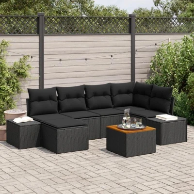 Image de VidaXL Ensemble de Canapé Jardin 7 Pièces avec Coussins Noir Poly Rattan 3356651