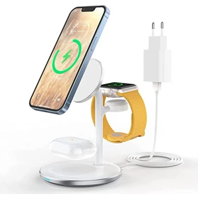 Image de Station de Charge inductive, Chargeur sans Fil 3 en 1, Compatible avec MAG Safe pour iPhone 14 13 12 Pro Max/Plus Apple Watch ultra/8/7/se