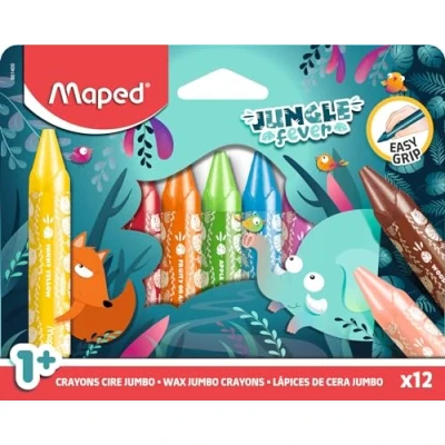 Image de Maped 12 Craies de coloriage Maxi Jungle Fever Crayons cire enfant crayon à la pour bébé dès 1 an Forme triangulaire Premier jumbo