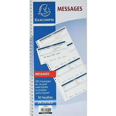 Image de Exacompta Réf. 13292E 1 carnet spiralé messages téléphones (4 à la page) de 200 détachables pré imprimés et autocopiants 50 feuilles dupli format 297 x 148 mm certifié FSC