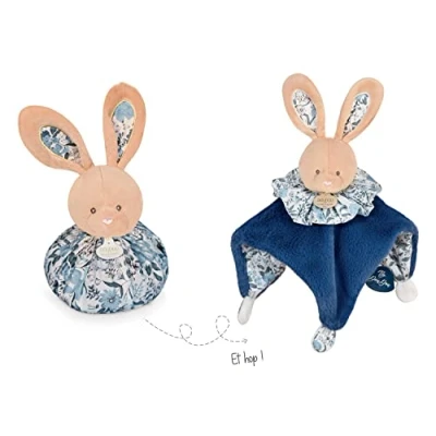 Image de Doudou et Compagnie Boule Lapin 3 en 1 : Doudou, Peluche, d&#039;Eveil 25 cm Bleu/Blanc Douce pour les Câlins Idée Naissance Cadeau Garantie Perdu DC3936