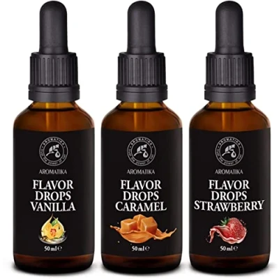 Image de Gouttes de Saveur set 3 x 50ml Caramel &amp; Fraise and Vanille Arôme Vegan Verre Foncé avec le Compte Alimentaire Zéro Calorie Concentré Flave Drops