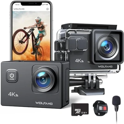 Image de WOLFANG Caméra Sport GA100 4K 30 FPS avec MicroSD 32 GB, Caméscope WiFi de 20 MP, sous Marine 40M Microphone, Télécommande, EIS Anti Vibration, Batterie 2 x 1050 mAh