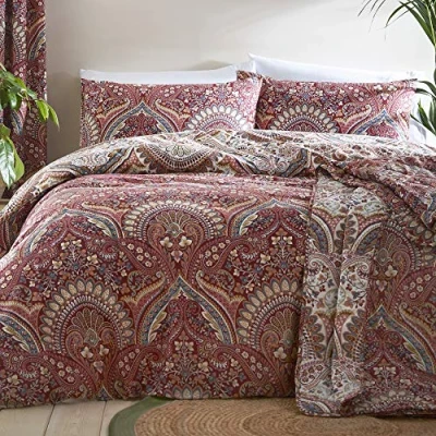 Image de Dreams &amp; Drapes Parure de lit Taille Super King Size (260 x 220 cm) Motif damassé Rouge foncé Design réversible Literie Traditionnelle Couette persane inspirée Collection Palais