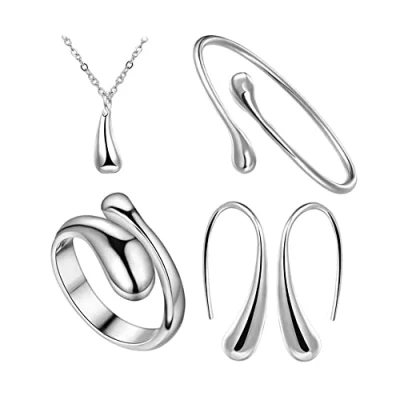 Image de TOFBS Ensemble de Bijoux pour Femme et Fille Argent Or Goutte d&#039;eau Pendentif Collier Boucles d&#039;oreilles Bracelet Bague (Or)