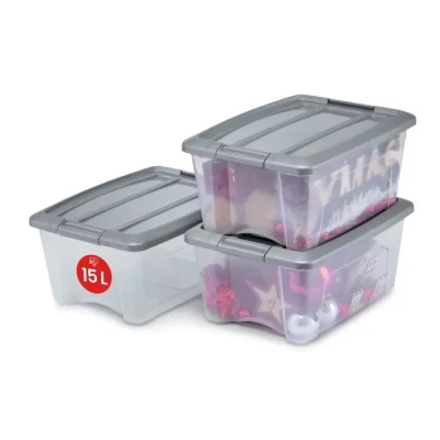 Image de Iris Ohyama, Boite Rangement Plastique avec Couvercle, 15L, Lot de 3, Argent, Clips Fermeture, Poignée, Empilable, Organisation Solide &amp; Durable, pour Chambre, Dressing, Bureau, NTB 15