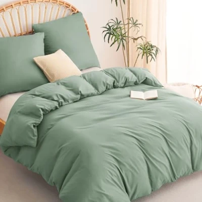 Image de WAVVE Parure de lit, 3 pièces, housse couette 200 x cm et taies d&#039;oreiller 80 cm, en microfibre, avec fermeture éclair, douce infroissable, vert sauge