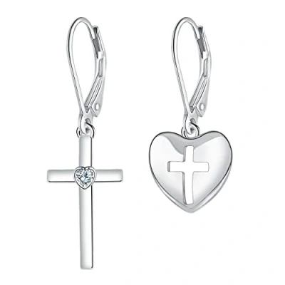 Image de J.MUEN Boucles d&#039;oreilles Croix Femme pour Argent Sterling 925 Asymétriques Pendantes avec Zirconium Femmes Saint Valentin Anniversaire Cadeau