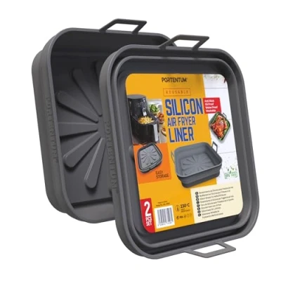 Image de PORTENTUM Moule Silicone Air Fryer 22,5 cm Lot de 2 Contenants Pliables Réutilisables Certifiés LFGB et Sans BPA Accessoire (Gris)