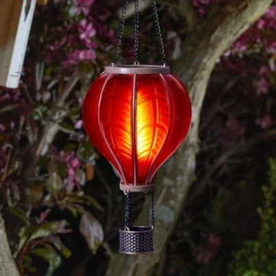Image de Festive Lights Solaire Cool Fiesta Lanterne d&#039;extérieur à suspendre en forme de montgolfière LED réaliste Lumière rouge effet flamboyant avec poignée (lanterne)