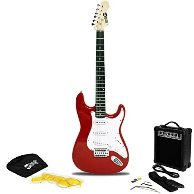 Image de RockJam Kit de guitare électrique complet avec ampli 10 watts, leçons, sangle, sac transport, médiators, Whammy, lead et cordes rechange Rouge