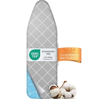 Image de Timbley Housse de Planche à Repasser Turbo 120x40 Réfléchit la Chaleur pour Un Repassage Rapide Montage Facile avec élastique 2X Rembourrage Confort &amp; OEKOTEX100 Fabriqué en Europe Taille M